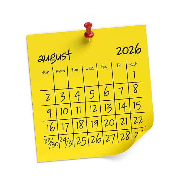 istock Yellow Post It Calendar Showing August 2026 Pinned to White Wall 2244101180