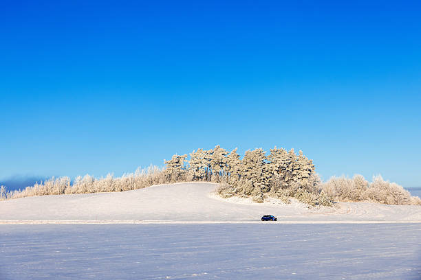 Natural sunset sunrise over field or meadow. The color of the sky over the winter snowy ground. Landscape under a picturesque sky at sunset. Dawn of the sun. Skyline, Horizon.