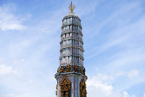 Stunning view of a colorful temple tower rising against a bright blue sky, featuring intricate designs and details that reflect cultural heritage and spirituality.