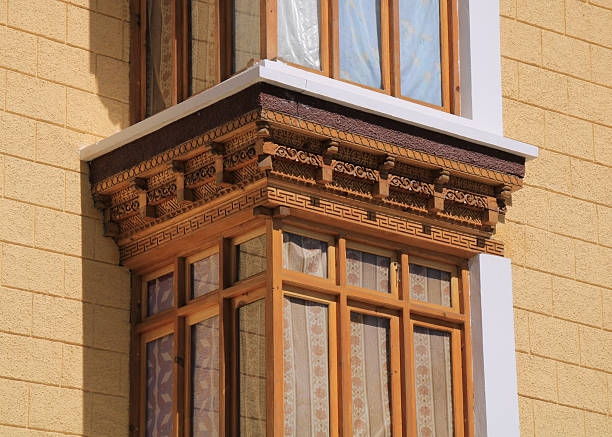 Traditional carved window frames in Leh, India.