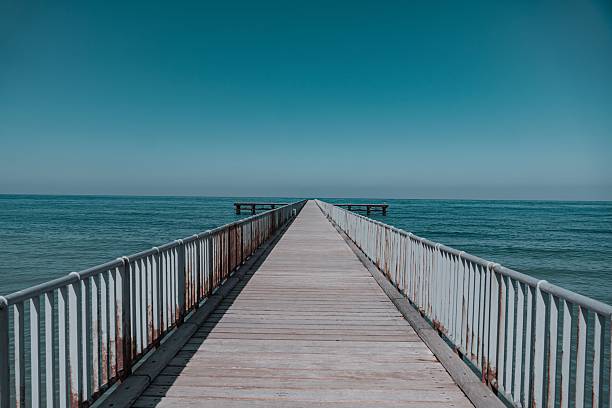 A long wooden pier extends into the calm blue ocean under a clear sky, offering a serene and peaceful seascape.