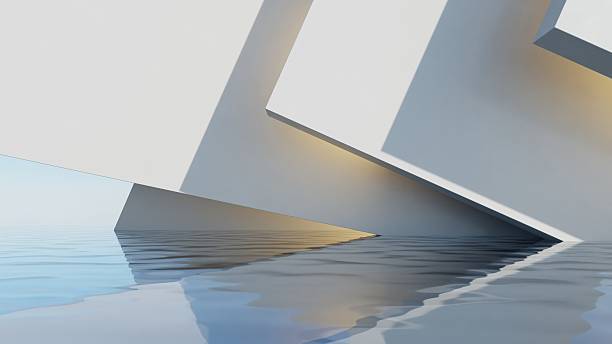 istock 3d rendering of abstract minimal Geometry background, Empty space with white concrete wall on the water 2244107787