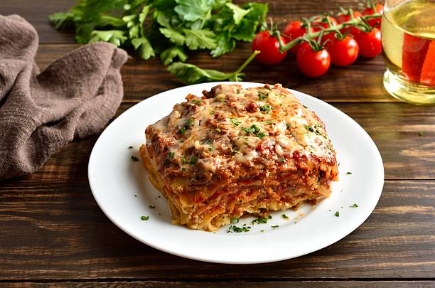 Lasagna with ground beef, ricotta cheese and tomato sauce
