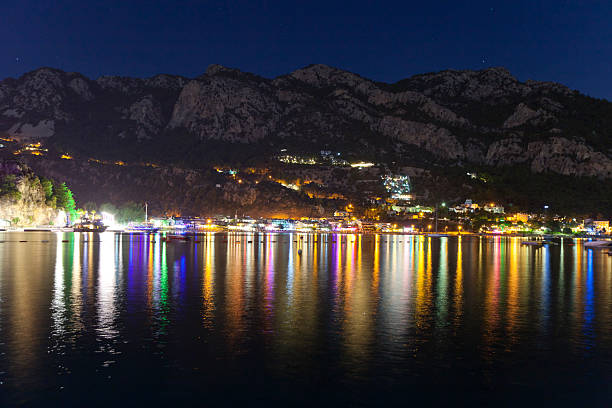 Aegean coastline at night in Marmaris, Turkey