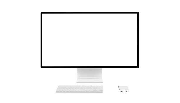 istock Modern computer monitor with blank white screen, keyboard, and mouse on a clean workspace, ready for digital design, branding, or mockup use 2244110778
