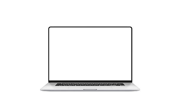 Open laptop with blank white screen on minimalist surface, perfect for business presentation, web design, digital marketing, or branding mockup concept