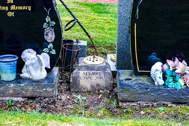 Tombstone sculpture in cemetery (or graveyard or burial ground) from the 1800s captured in black and white during summer. The image is part of a series of images of cemetery or graveyard tombstone/sculptures captured with a full frame DSLR camera with a sharp telephoto lens at f/2.8 and low ISO (100) resulting in large, noiseless images of professional quality suitable for prints.