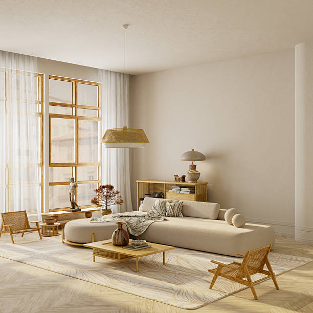 istock Wide angle minimalist living room interior with large window, cozy sofa and negative space for text, modern Japandi home aesthetic. 3D illustration 2244117756