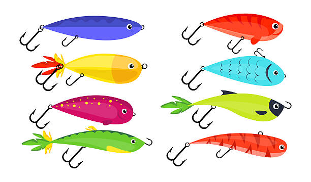 Set of multicolored fish baits, wobblers in cartoon style. Vector illustration of different spinning baits with hooks, bright plumage isolated on white background. Fishing accessories. Metal spinners.