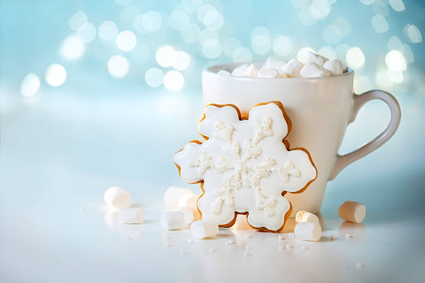 Christmas or New Year composition with cocoa, gingerbread cookies and christmas decorations. Hot chocolate with marshmallows on a blue background with christmas lights