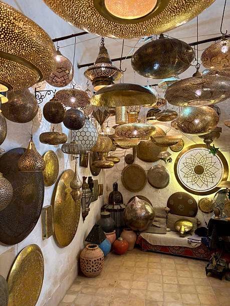 istock Moroccan handcrafted brass lamps illuminating a traditional Marrakech souk shop 2244126732