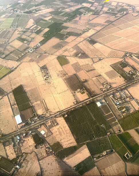 Mysterious figures Nazca desert from the aircraft. Nazca plateau, Peru.