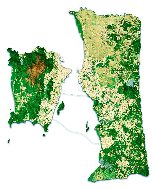 3D Render of a Satellite Topographic Map of Penang, Malaysia. Isolated on white background.All source data is in the public domain.Color and Water texture: Contains modified Copernicus Sentinel data (2021) courtesy of ESA.URL of source image: https://dataspace.copernicus.eu/explore-data/data-collections/sentinel-data/sentinel-2Relief texture: SRTM data courtesy of NASA JPL (2020). URL of source image:https://lpdaac.usgs.gov/products/srtmgl1v003/