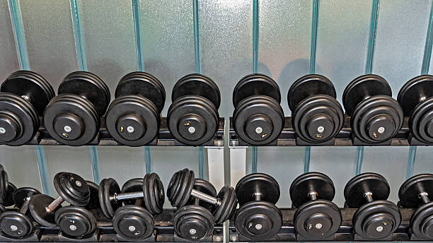 Ready-to-use training weights, dumbbells in a row