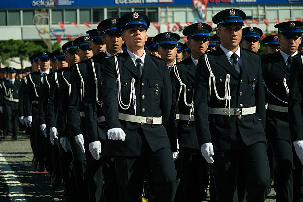 Izmir, Turkey - Oct 29 2025: Police academy students marching in formation during Republic Day celebrations at Alsancak Republic Square