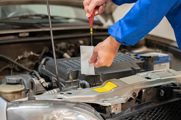 istock Car mechanic checking oil level in a mechanical at workshop 2244134644