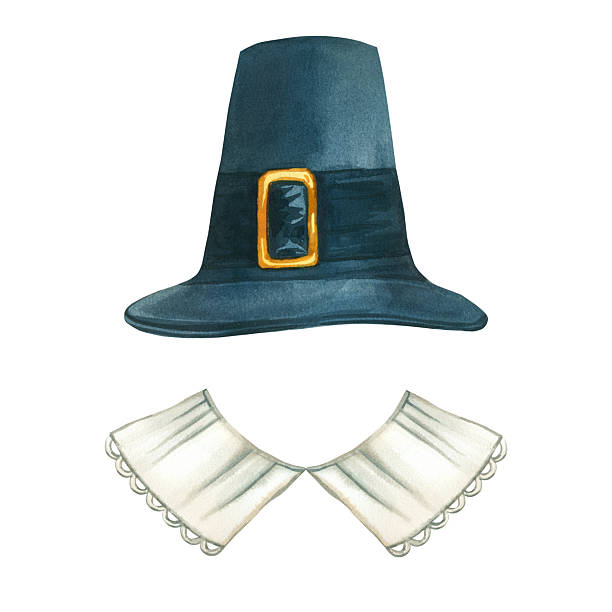 Thanksgiving pilgrim costume, buckle hat and white lace collar. All objects are hand-painted in watercolor and isolated on a white background. For printing on postcards, invitations, product packaging