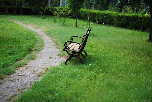 A single bench placed on a grassy area beside a curved stone path in a park.