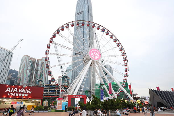 A scenic view of the Hong Kong Observation Wheel located at the Central Harbourfront, featuring red gondolas and the AIA Vitality Hub in the foreground. The iconic International Finance Centre (IFC) and surrounding skyscrapers form a dramatic urban backdrop. Locals and tourists are seen enjoying leisure activities around the waterfront, capturing the vibrant energy of Hong Kong’s city life.