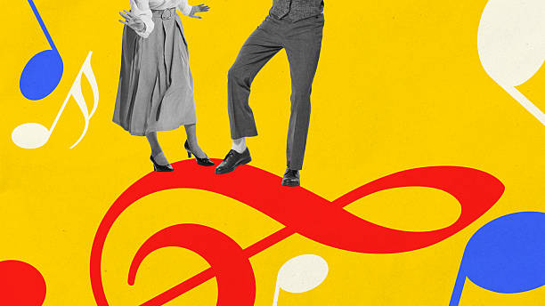 istock Pop art collage. Retro dancers stepping on red treble clef with colorful notes on yellow background 2244148339