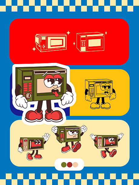 Vintage poster design character set from microwave, retro characters, cute characters, character stickers