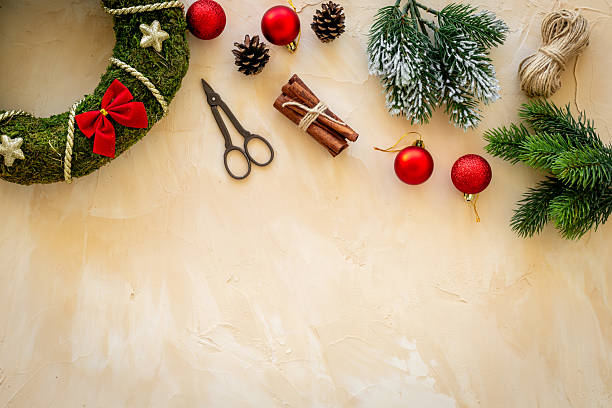 istock Christmas wreath with accessories, top view. New Year DIY decoration 2244150107
