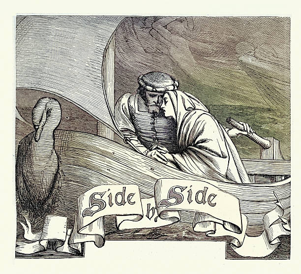 Side by Side, Sad couple sailing in a Swan boat, Victorian, Vintage illustration, 19th Century style, 1870s