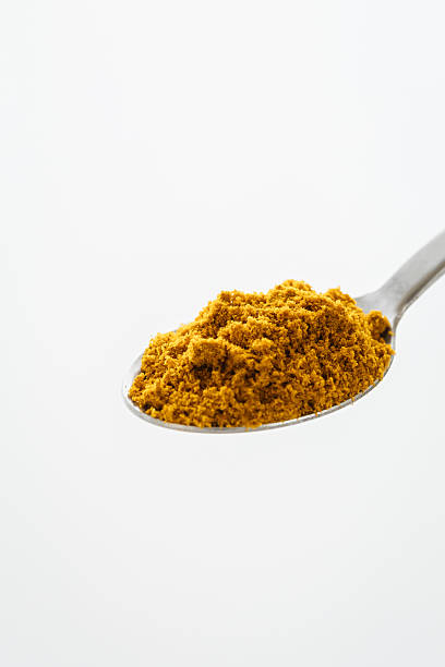 Curry powder in a spoon on a white background.