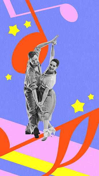 istock Colorful collage. Retro couple smiling while swing dancing on colorful note background with stars 2244156338