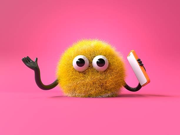 Fluffy, cute monster with a phone, symbolizes tech-savvy assistance. 3D rendering, conceptual image. Isolated on white background.