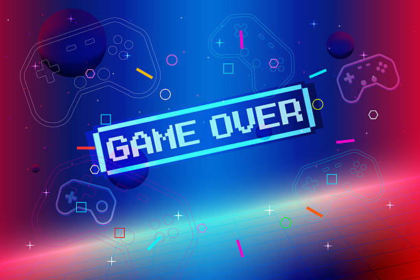 istock Game Over, Retro games for game assets in retro futuristic sci-fi background vector illustration. Glowing neon from an old arcade 2244156980