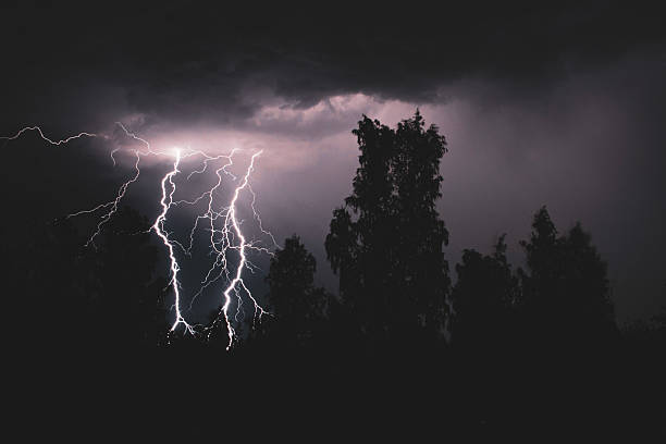istock beautiful lightning during a thunderstorm at night in a forest that caused a fire, against a dark sky with rain 2244157705