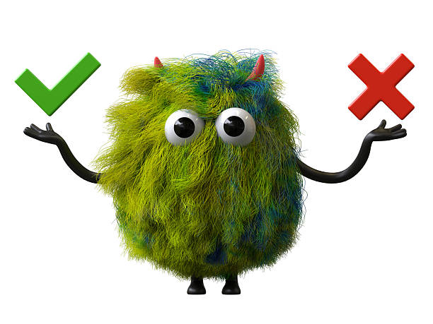 Fluffy, cute monster with checkmark and cross, symbolizing decision-making. 3D rendering, conceptual image. Isolated on white background.