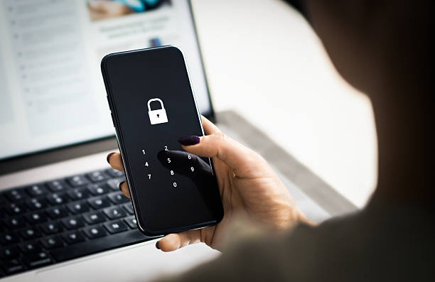istock Privacy with mobile password. Data protect in phone with AI cybersecurity from fraud. Online information or identity scam. 2244159684