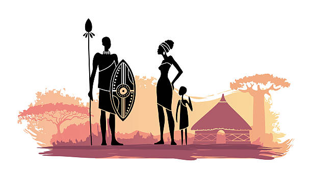 Vector illustration of African family silhouettes with warrior, woman, child and traditional hut. Ethnic tribal scene with nature background in sunset colors