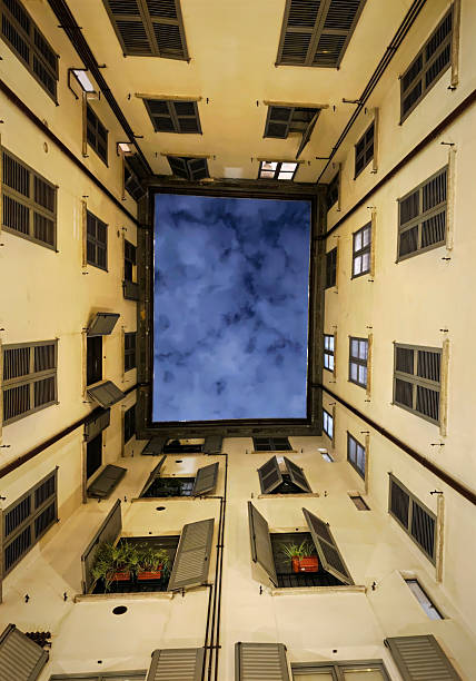 Low angle from court of old fashioned residential building in Milan, Italy.