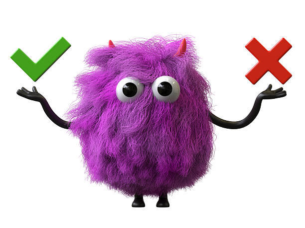 Fluffy, cute monster with checkmark and cross, symbolizing decision-making. 3D rendering, conceptual image. Isolated on white background.