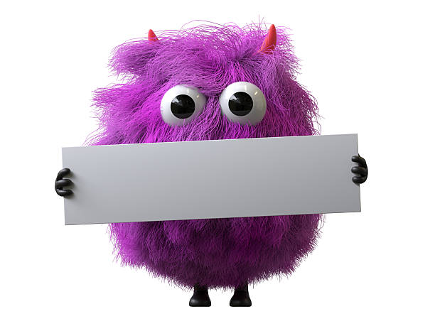 Fluffy, cute monster holds a blank sign, symbolizes information and advertising display. 3D rendering, conceptual image. Isolated on white background.