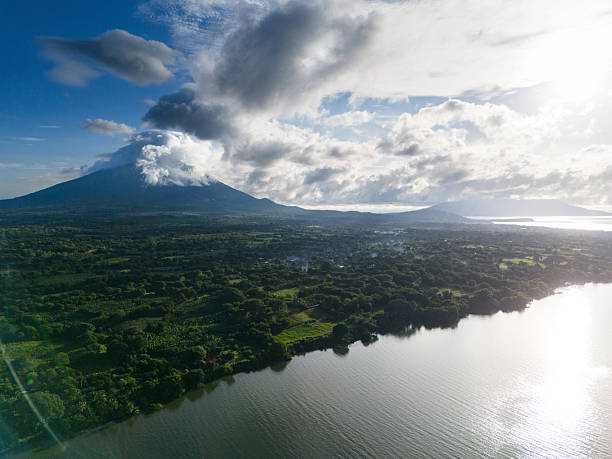 Sunrise over Ometepe island aerial drone view in Nicaragua