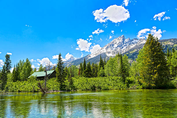 A rustic green-roofed cabin rests quietly along the edge of Jenny Lake, surrounded by dense evergreens and mountain willows. The crystal-clear water mirrors the vibrant alpine hues of midsummer, while the snow-draped Grand Teton towers in the background beneath a brilliant blue sky. Puffy white clouds drift lazily above the peak, framing the composition with light and movement. The photograph evokes a deep sense of peace — a sanctuary where wilderness, water, and sky meet in perfect balance.