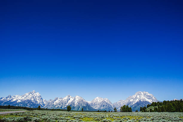 A vast, uninterrupted expanse of deep sapphire sky crowns the snow-draped peaks of the Teton Range, standing timeless against the sagebrush plains of Wyoming. The sweeping negative space enhances the grandeur and solitude of the landscape, allowing the rugged mountain silhouettes to rise with cathedral-like precision. Sparse pines and the faint curve of a road add subtle scale to the immense stillness. The image embodies the power of simplicity — the meeting of sky, stone, and silence in one of the most awe-inspiring ranges in North America.