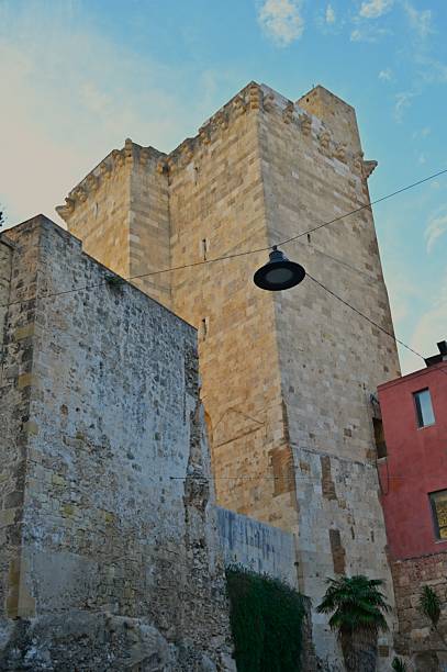 A view of the St. Pancras stone tower building which forms part of the city defences in the old town of Cagliari on Sardinia in Italy