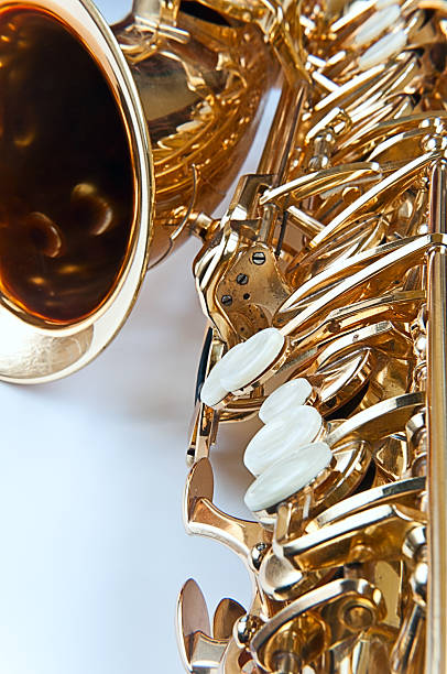 Close-up of a saxophone in a recording studio