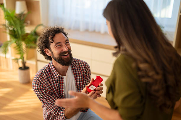 istock Man proposing marriage to woman with engagement ring 2244174992