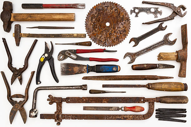 istock Flat lay of old hand tools on white background. 2244175323