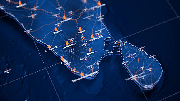 istock Madurai map big data visualization. Futuristic map infographic of city in India. Visual map data complexity in modern blue and orange colors 2244176167