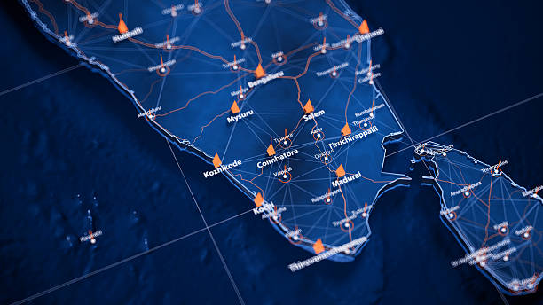 istock Coimbatore map big data visualization. Futuristic map infographic of city in India. Visual map data complexity in modern blue and orange colors 2244176248