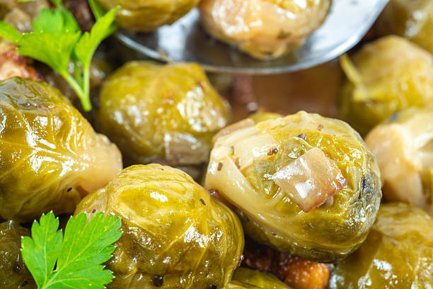 close-up of Brussels sprouts with a serving spoon