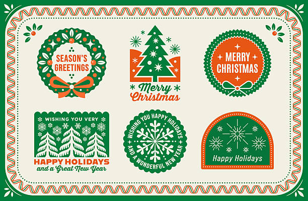 Group of Christmas, Holiday badges and labels. Mid-century style Christmas illustrations and greetings. Modern retro Christmas graphics.