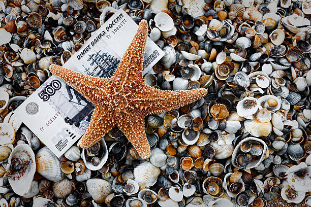 Starfish rests on colorful seashells on beach, some open and some closed, with Russian 500 ruble note peaking out underneath. Mixture of white, brown, and orange seashells adds to this natural